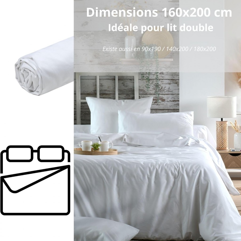 Drap Housse Stof 160 x 200 cm bonnet 30cm 78 Fils Percale Elysée Blanc