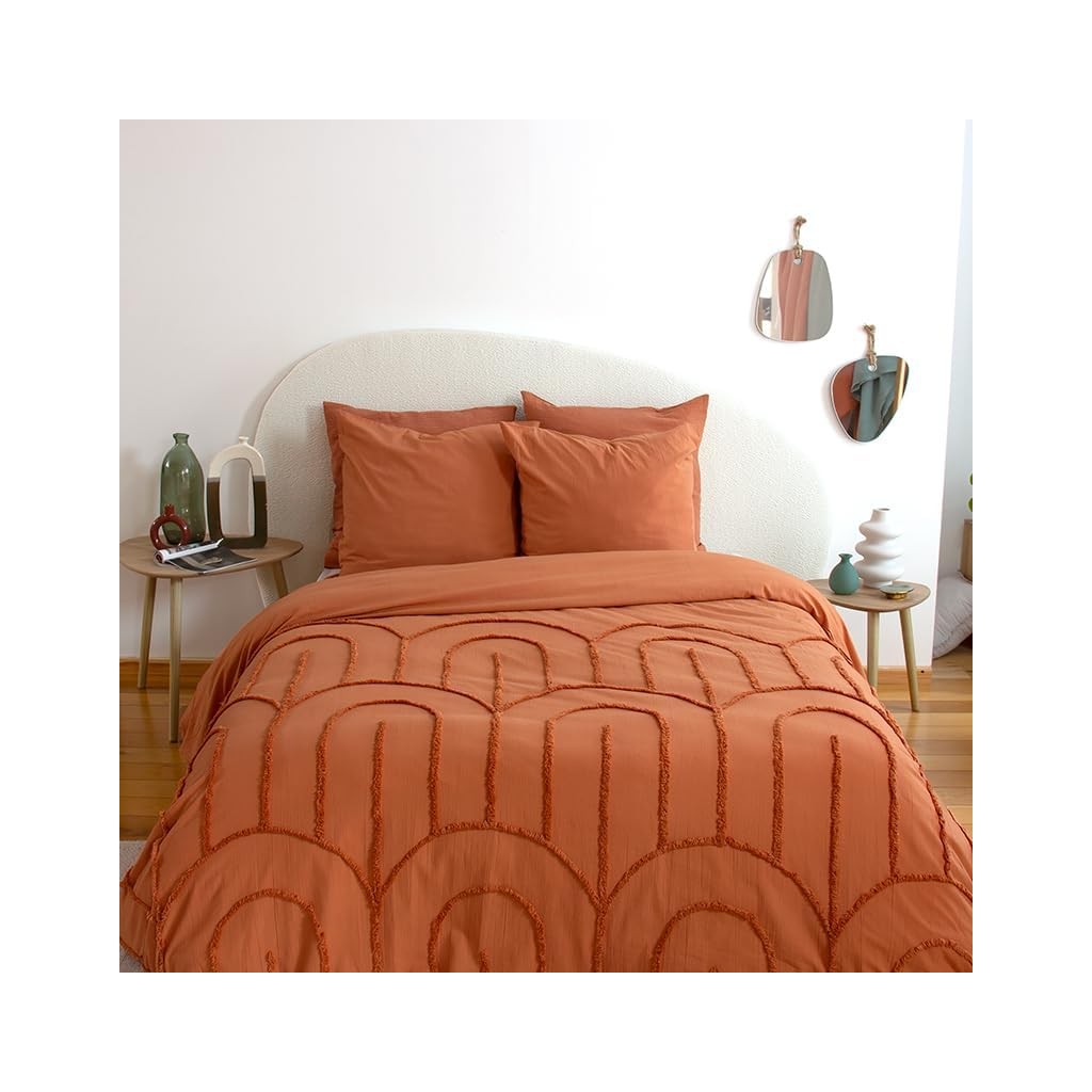 Parure Housse de Couette 260 x 240 cm Côté Déco Coton Lavé Tuftée Far Terracotta
