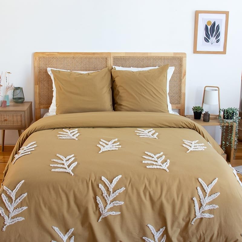 Parure Housse de Couette 260 x 240 cm Côté Déco Coton Lavé Tuftée Feuilles