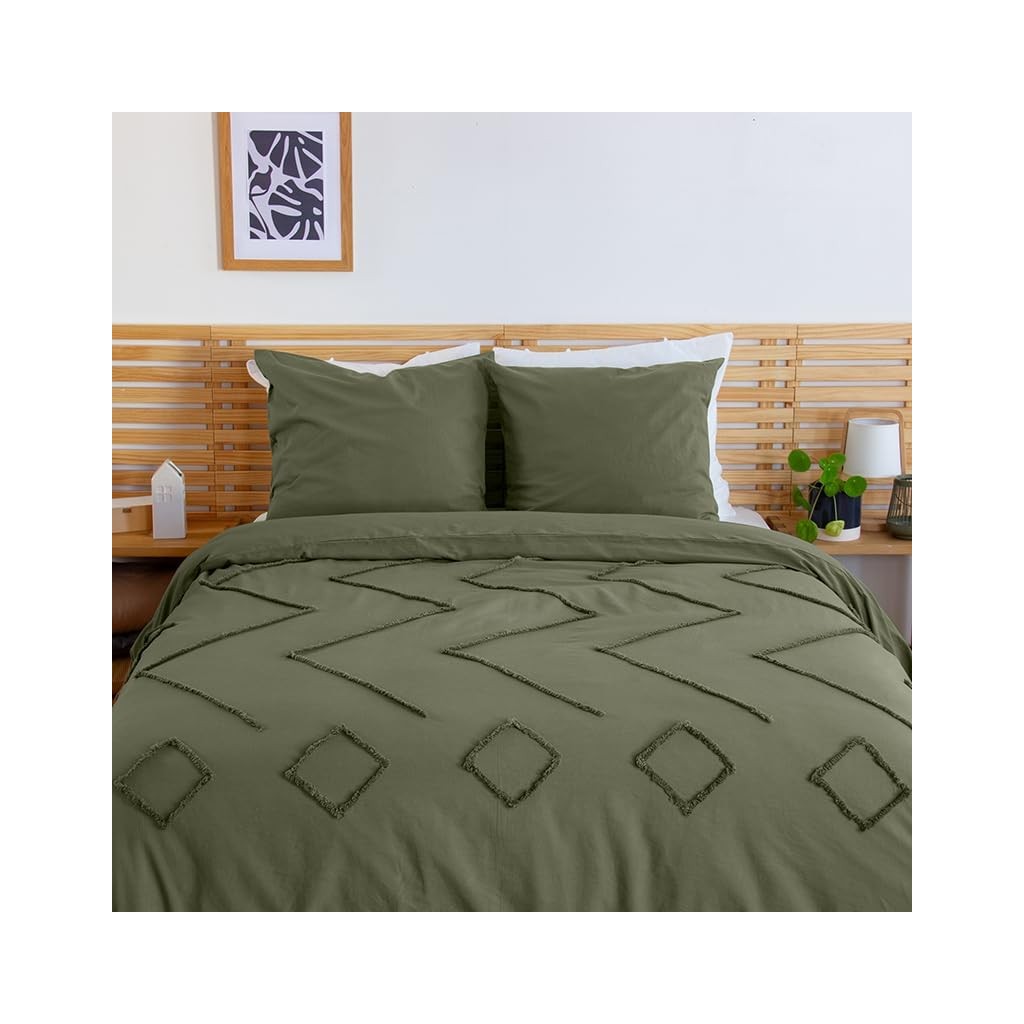 Parure Housse de Couette 260 x 240 cm Côté Déco Coton Lavé Tuftée Vert Kaki