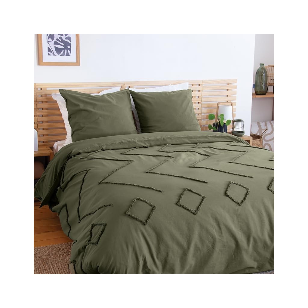 Parure Housse de Couette 240 x 220 cm Côté Déco Coton Lavé Tuftée Vert Kaki