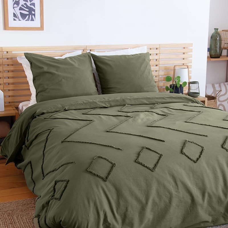 Parure Housse de Couette 240 x 220 cm Côté Déco Coton Lavé Tuftée Vert Kaki