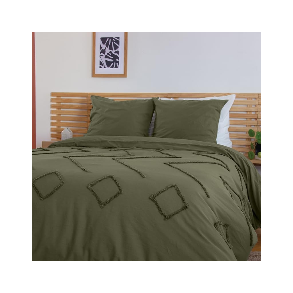 Parure Housse de Couette 240 x 220 cm Côté Déco Coton Lavé Tuftée Vert Kaki