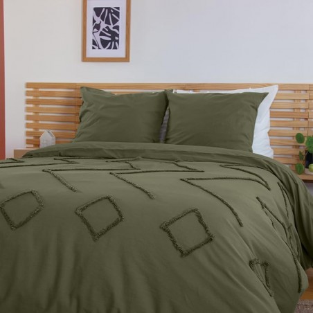 Parure Housse de Couette 240 x 220 cm Côté Déco Coton Lavé Tuftée Vert Kaki