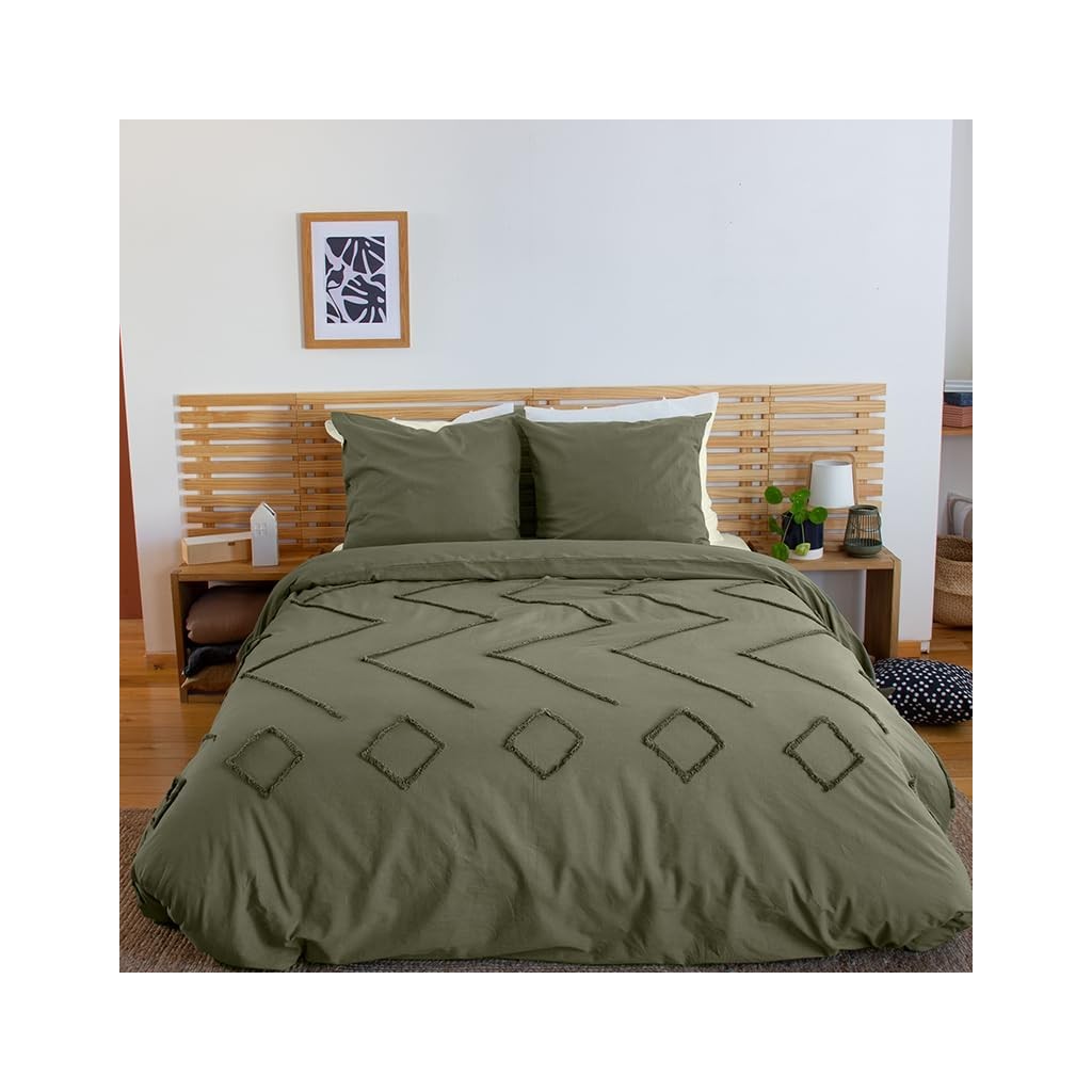 Parure Housse de Couette 240 x 220 cm Côté Déco Coton Lavé Tuftée Vert Kaki