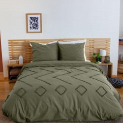Parure Housse de Couette 240 x 220 cm Côté Déco Coton Lavé Tuftée Vert Kaki