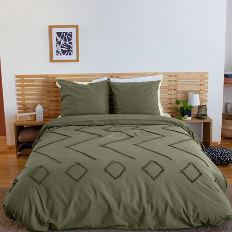 Parure Housse de Couette 240 x 220 cm Côté Déco Coton Lavé Tuftée Vert Kaki