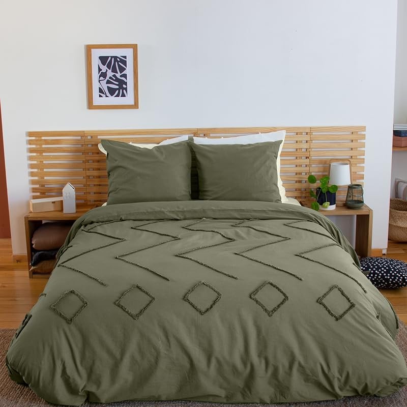 Parure Housse de Couette 240 x 220 cm Côté Déco Coton Lavé Tuftée Vert Kaki Parure Housse de Couette 240 x 220 cm Côté Déco Coton Lavé Tuftée Vert Kaki