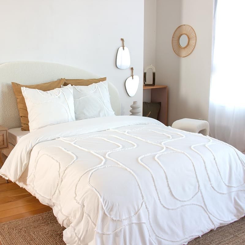 Parure Housse de Couette 240 x 220 cm Côté Déco Coton Lavé Tuftée Blanche