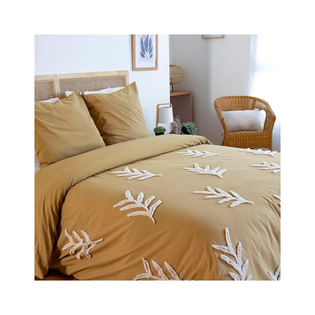 Parure Housse de Couette 240 x 220 cm Côté Déco Coton Lavé Tuftée Feuilles