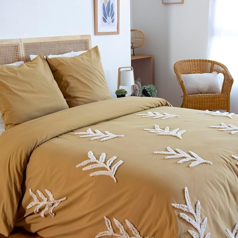 Parure Housse de Couette 240 x 220 cm Côté Déco Coton Lavé Tuftée Feuilles Parure Housse de Couette 240 x 220 cm Côté Déco Coton Lavé Tuftée Feuilles