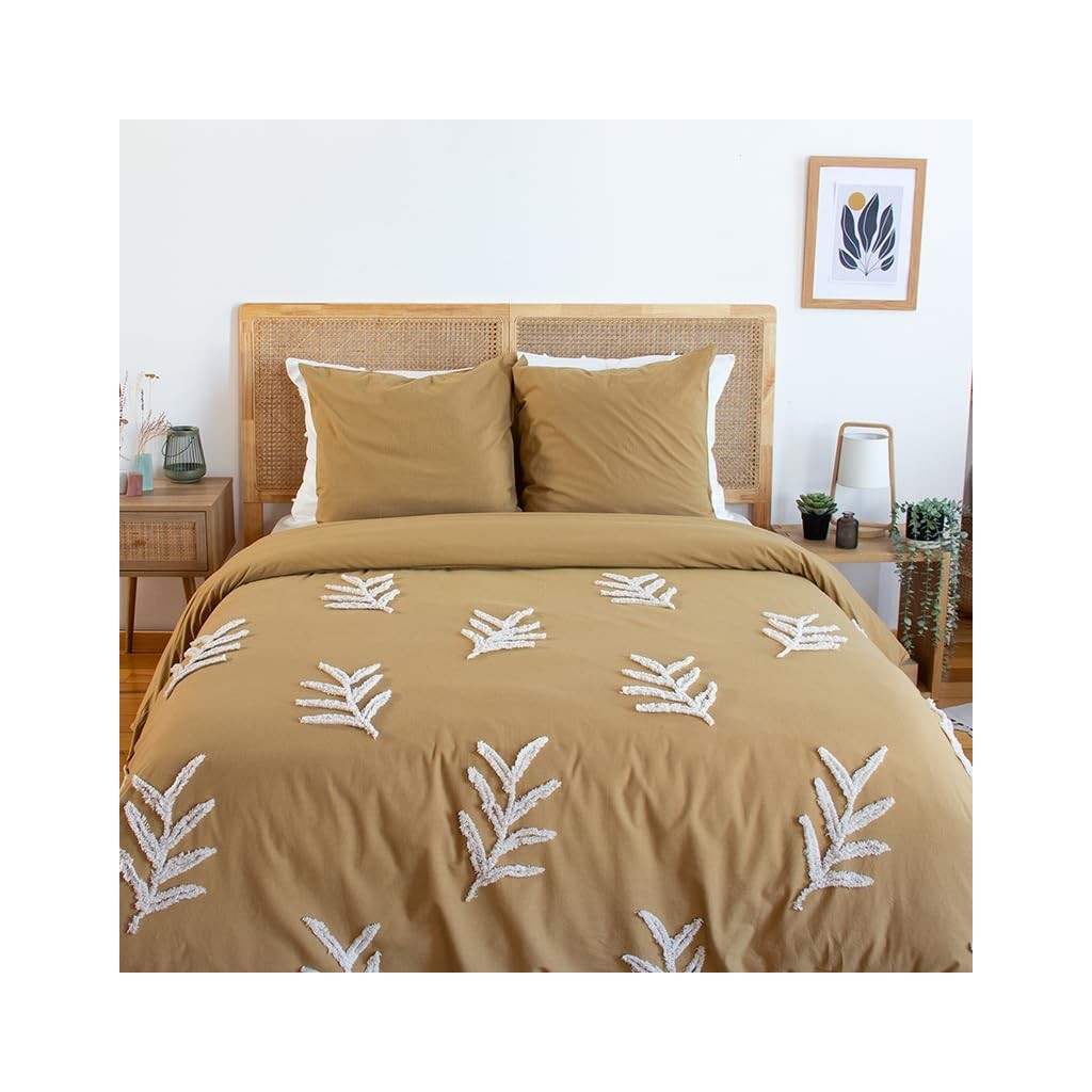 Parure Housse de Couette 240 x 220 cm Côté Déco Coton Lavé Tuftée Feuilles