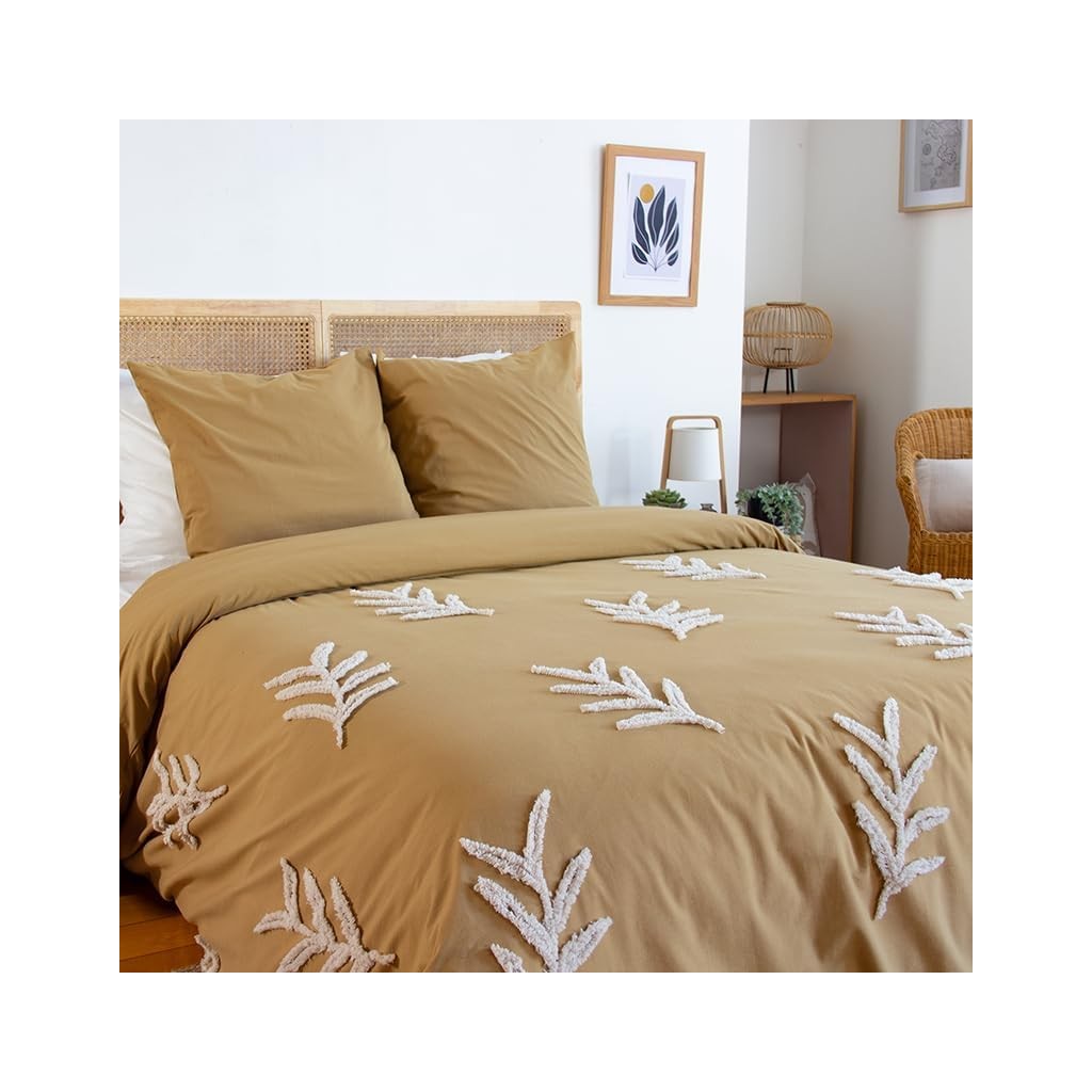 Parure Housse de Couette 240 x 220 cm Côté Déco Coton Lavé Tuftée Feuilles