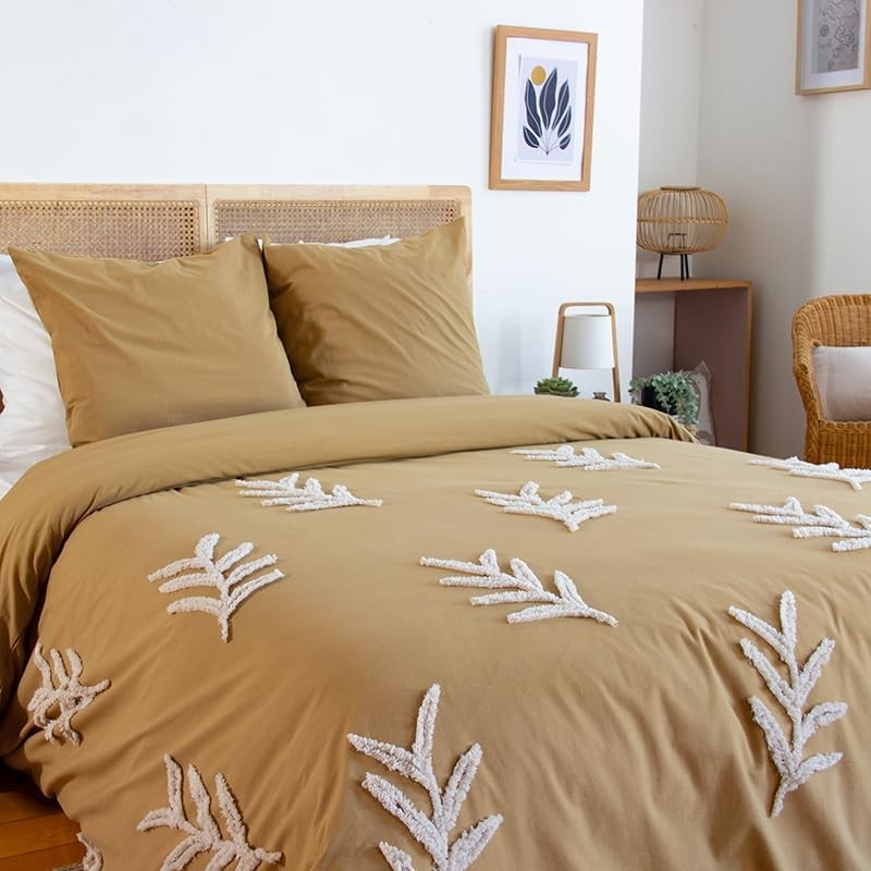 Parure Housse de Couette 240 x 220 cm Côté Déco Coton Lavé Tuftée Feuilles Parure Housse de Couette 240 x 220 cm Côté Déco Coton Lavé Tuftée Feuilles