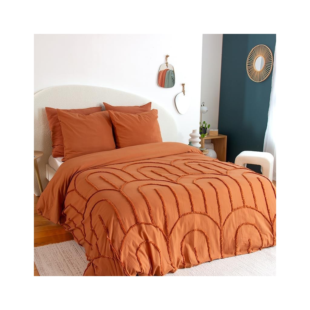 Parure Housse de Couette 240 x 220 cm Côté Déco Coton Lavé Tuftée Far Terracotta