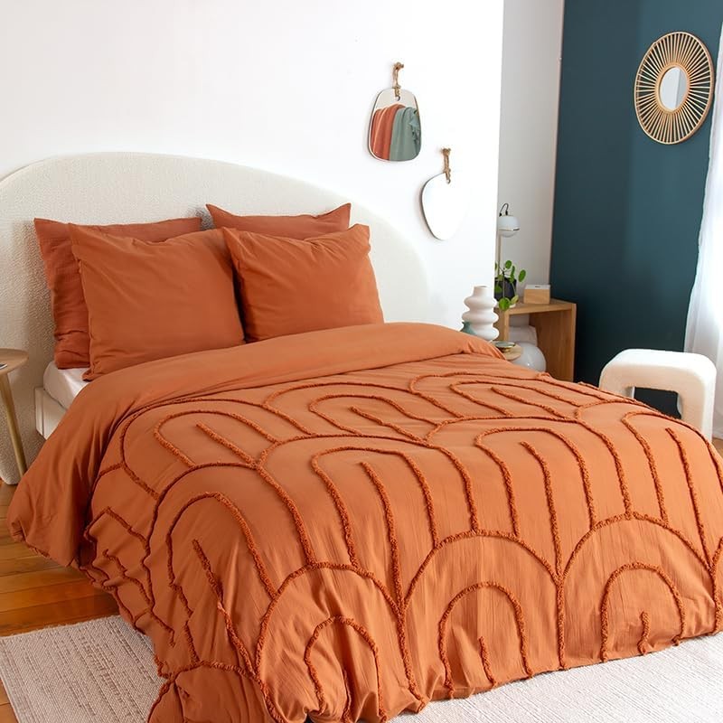 Parure Housse de Couette 240 x 220 cm Côté Déco Coton Lavé Tuftée Far Terracotta