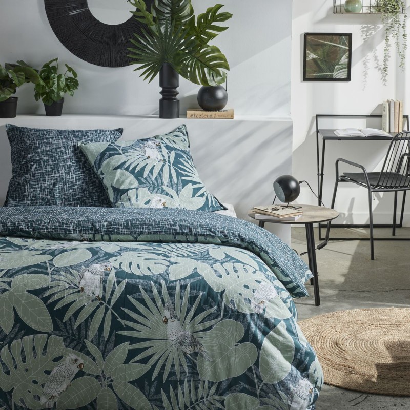 Parure Housse de Couette 260x240 cm Mawira Zippée 3.4 verte feuilles