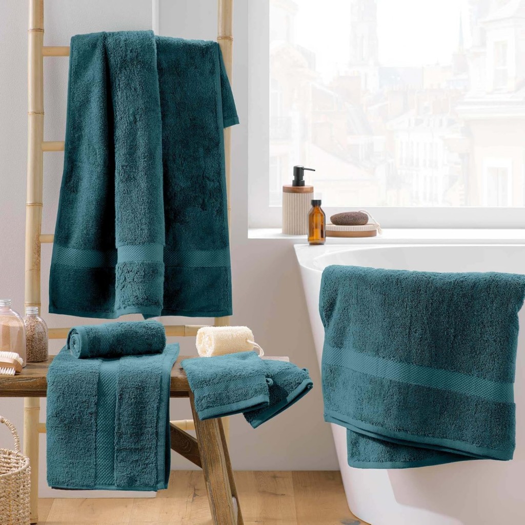 Serviette de Toilette Bain Eponge Elégance Bleu Canard 50x90cm