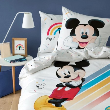 Parure de lit simple- Mickey sur un arc en ciel - 140 cm x 200 cm  Parure  de lit enfant ado sur drap housse, plaid, housse de couette sur Déco de  Héros