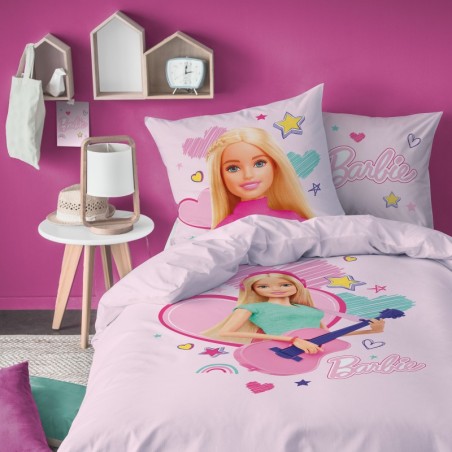 MODE EN WEB MATTEL - Housse De Couette Barbie 140x200 cm + 1 Taie  d'oreiller 63x63 cm - 100% Coton - Blanc