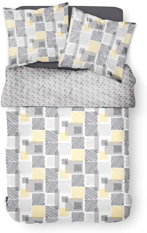 Parure De Couette 100% Coton 240x220 Cm - 1 Housse + 2 Taies 63x63 Cm - Gris, Doux, Fentes Passe-mains