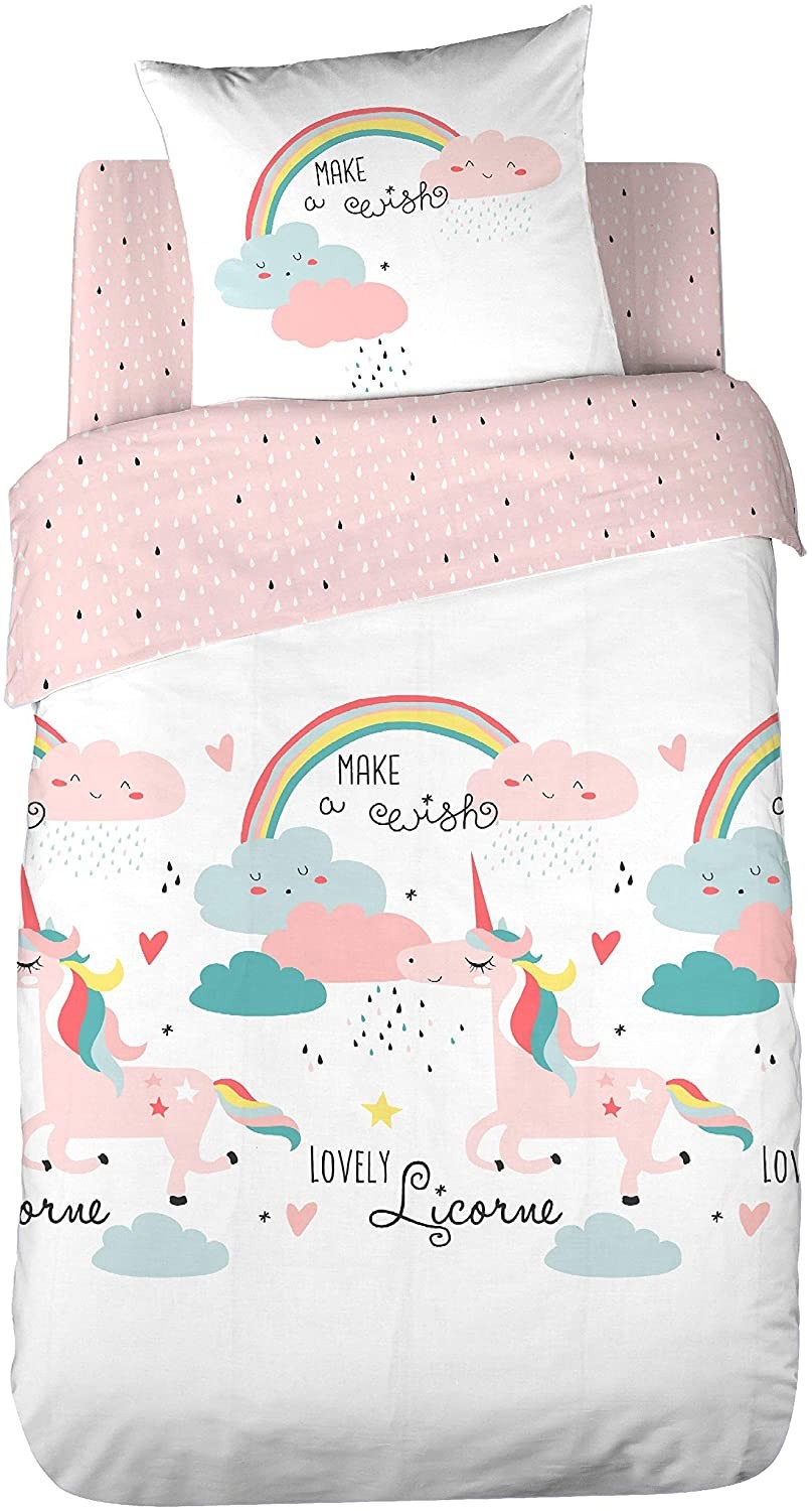 Housse de couette et une taie coton 140x200 Magic Licorne Rose