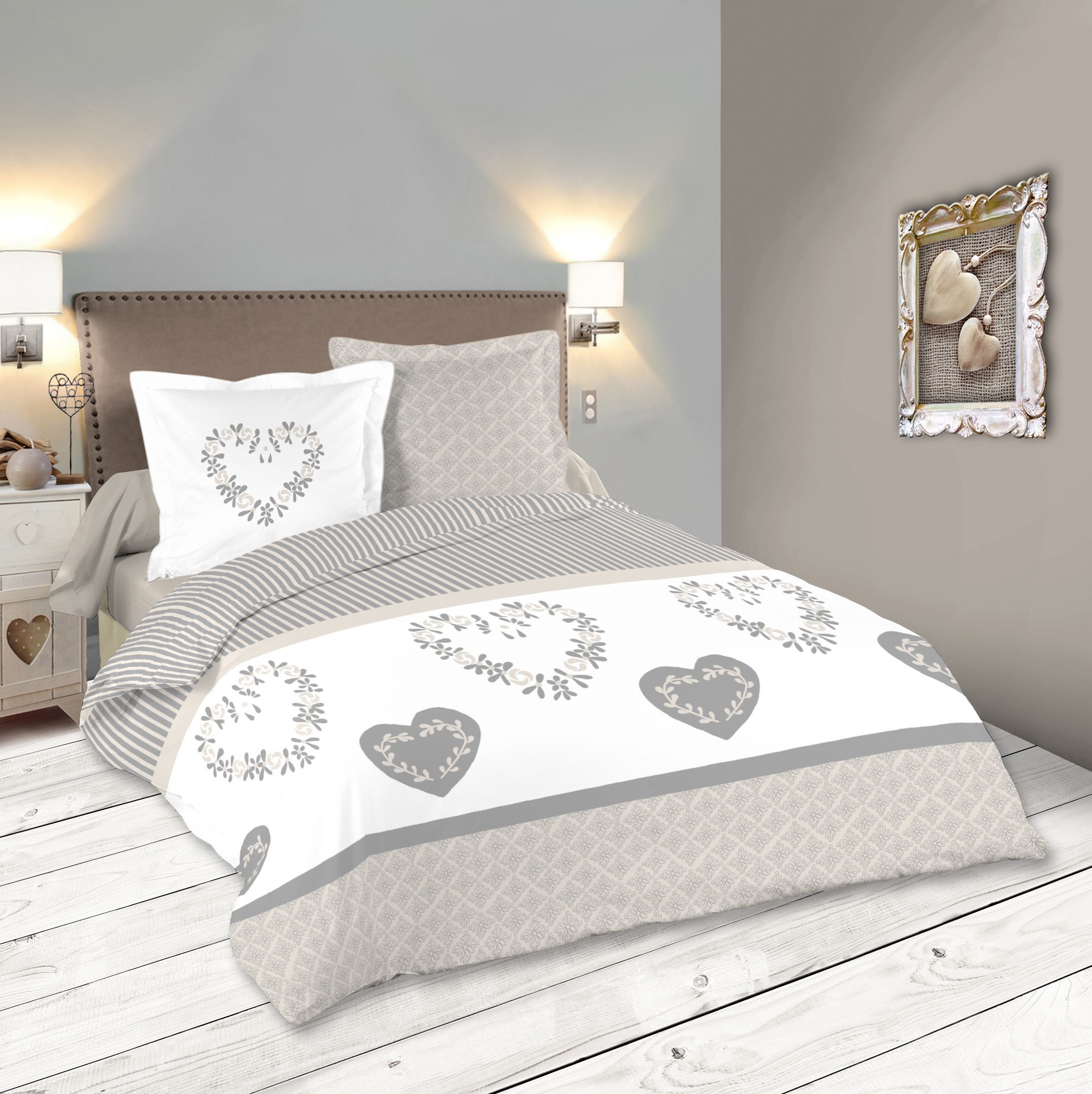 Housse de couette et deux taies 240 cm Manoir coeur romantique