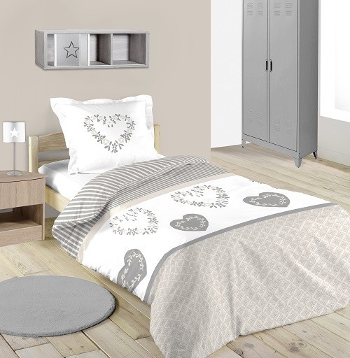 Housse de Couette 140x200 gris et blanc motifs coeur modèle Manoir