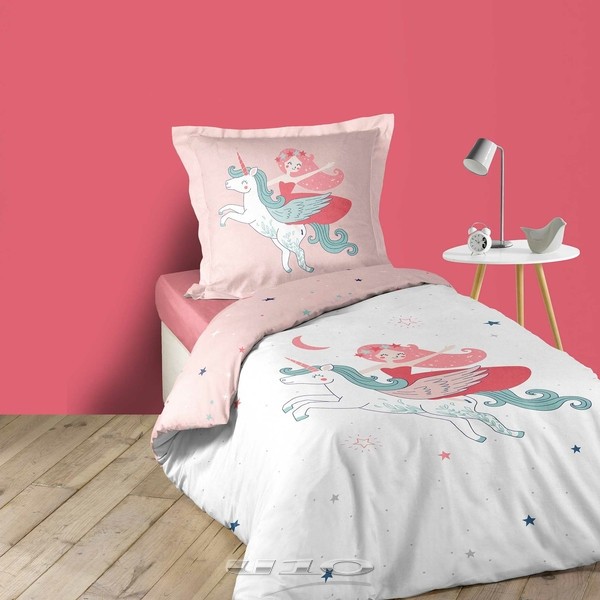 Housse de couette et une taie coton 140x200 Magic Licorne Rose