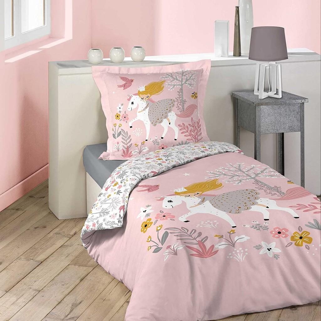 Housse de couette et une taie coton 140x200 Magic Licorne Rose