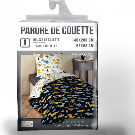 douceur d'intérieur, Parure 2 Pieces 140 X 200 cm Microfibre Dinoblue, 100% Polyester