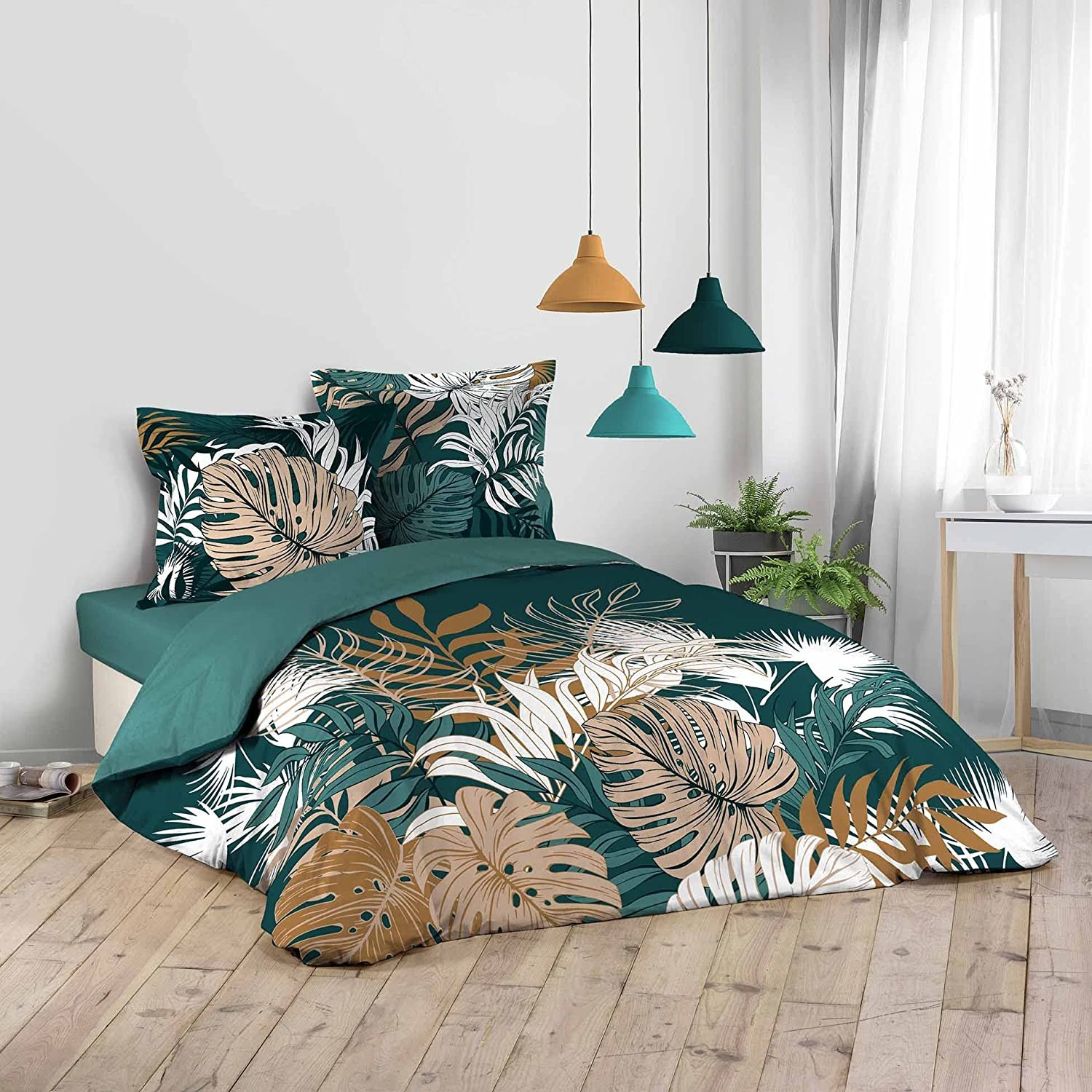 Housse de couette 240x220 vert foncé en coton TROPICAL