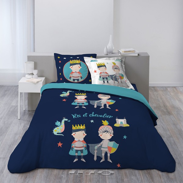 Parure de lit 1 personne 140X200 Coton Imprimé Bleu enfant HAPPY