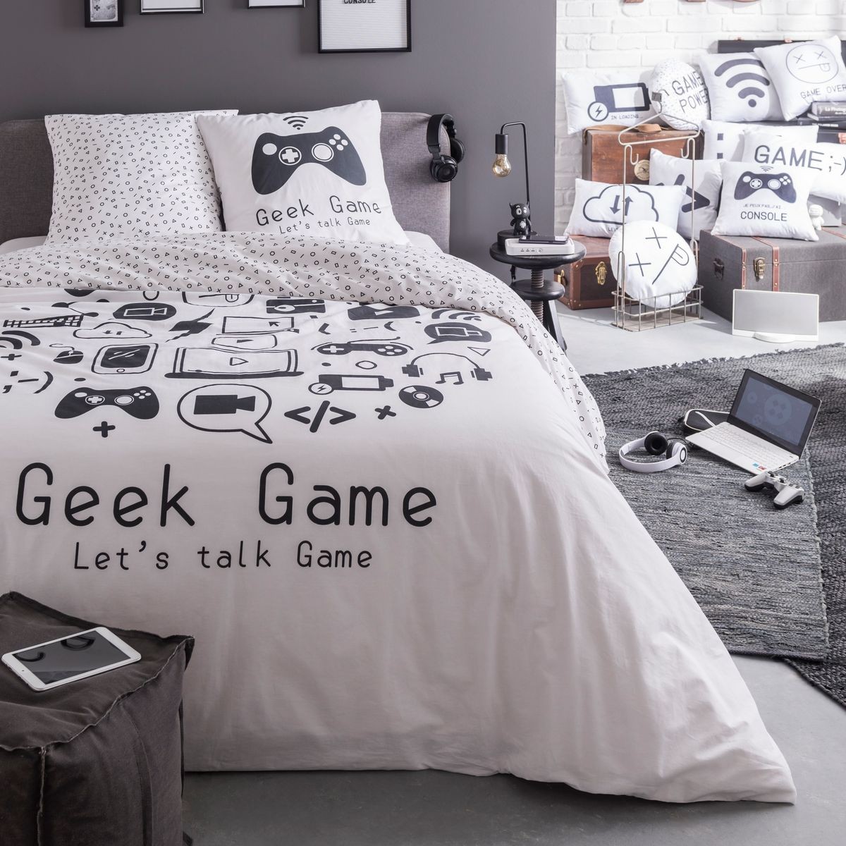 TODAY Parure Housse de Couette Geek Game,220x240, Blanc, 100 % coton